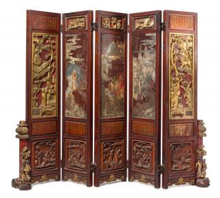 Appraisal: A Five-Fold Carved Wood Screen TH CENTURY two panels carved