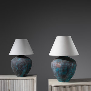 Appraisal: Modernist Late th Century Pair of Monumental Table Lamps faux