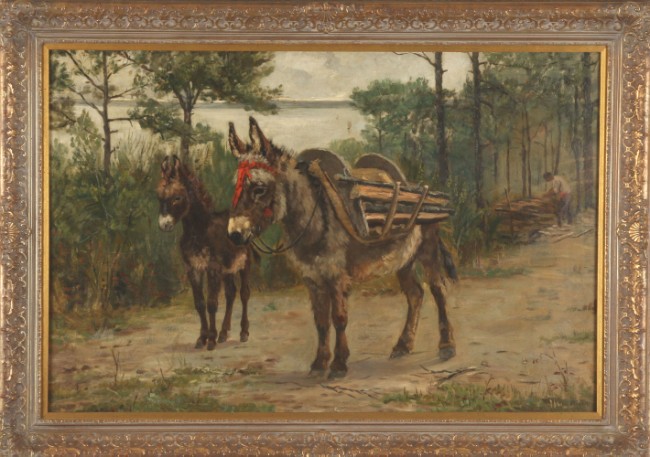 Appraisal: Roadside scene with two donkeys oil on canvas relined x