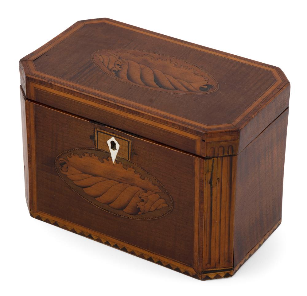 Appraisal: ENGLISH TEA CADDY th Century In maple and fruitwood Top