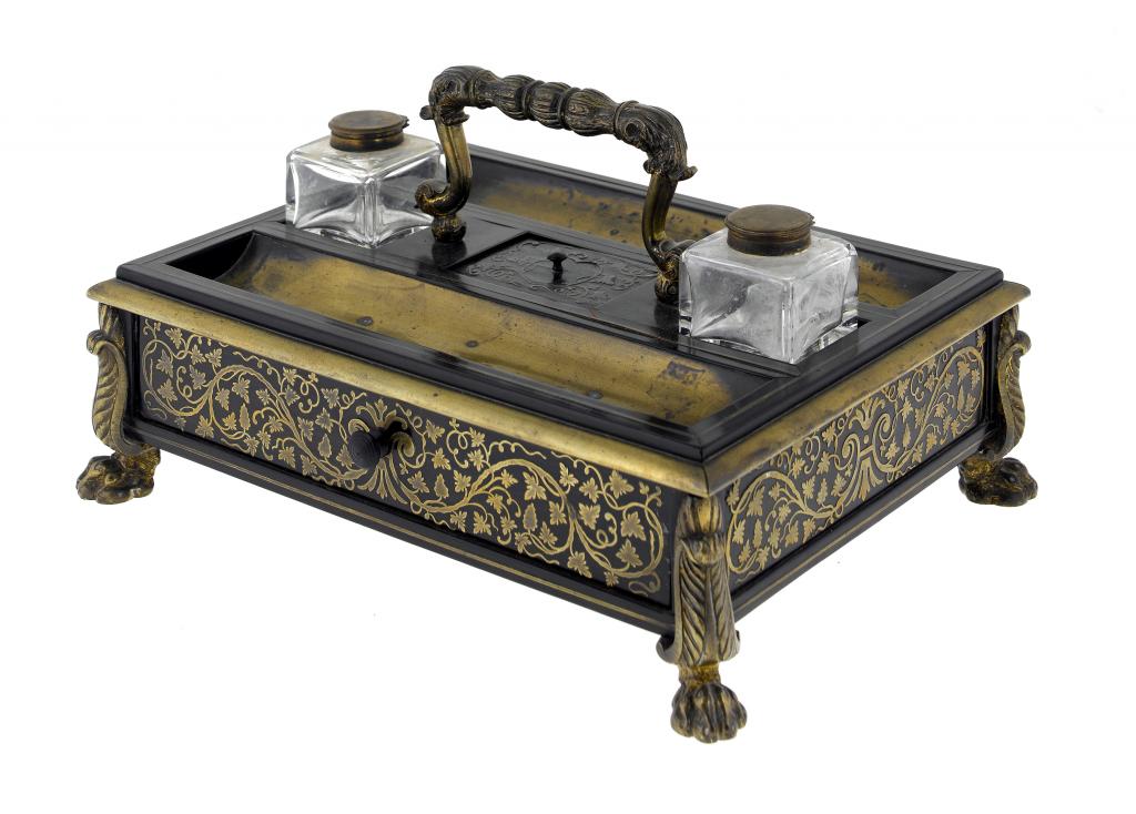 Appraisal: A GEORGE IV BRASS-MOUNTED 'BUHL' AND EBONY VENEERED INKSTAND with