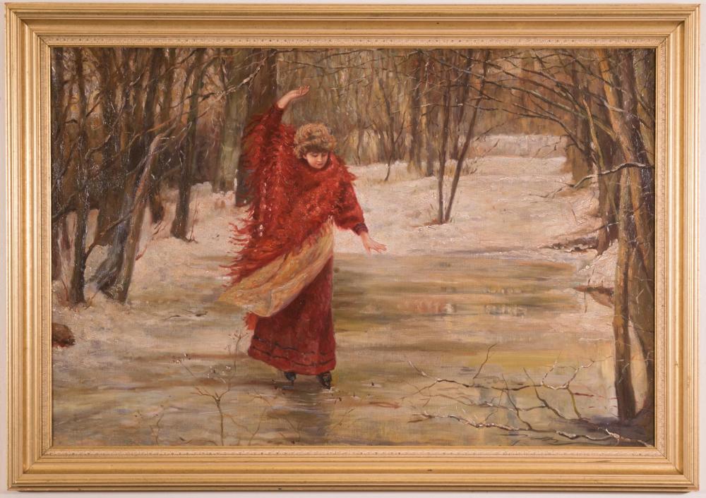 Appraisal: ICE SKATER IN RED OIL ON CANVAS young woman with