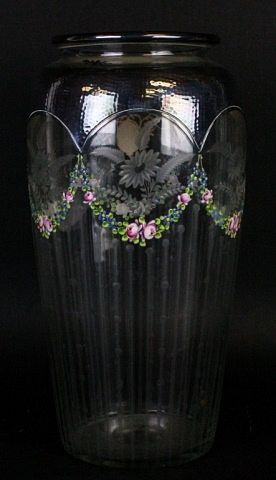 Appraisal: Silver Overlay Etched Glass Vase Etched glass vase with silver