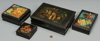 Appraisal: Russian Lacquer Boxes Group of four Russian handpainted black lacquered