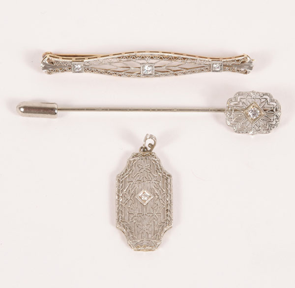 Appraisal: K white gold filigree pendant stick pin and bar pin