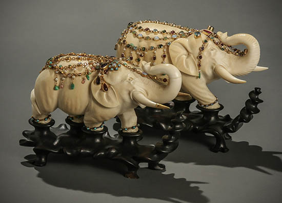 Appraisal: Pair of Chinese Yellow-Gold and Semi-Precious Stones Caparisoned Figures of