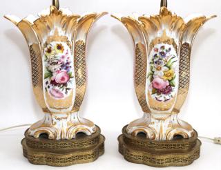 Appraisal: ROCKINGHAM PORCELAIN URNS CONVERTED TO LAMPS C ROCKINGHAM PORCELAIN URNS