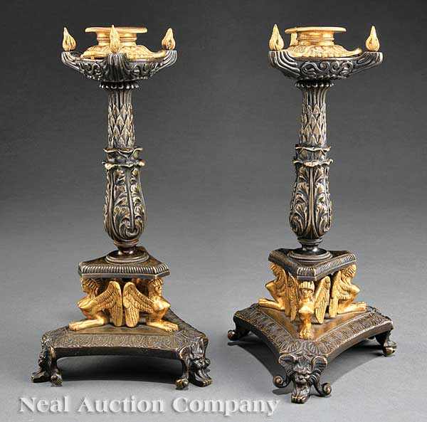 Appraisal: A Rare Pair of Regency Gilt and Patinated Bronze Candleholders