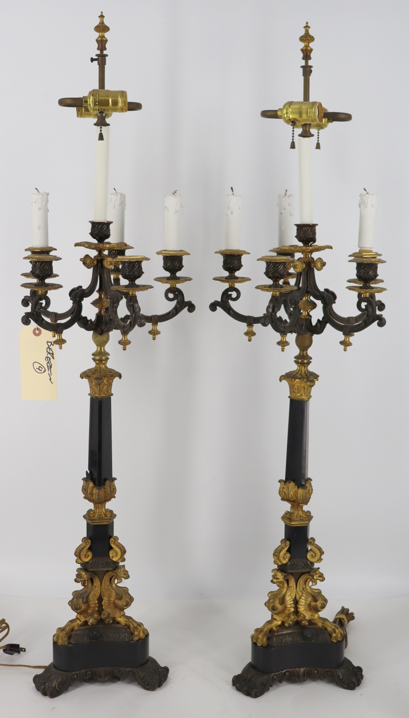 Appraisal: ANTIQUE FINE QUALITY PR OF GILT BRONZE MARBLE Candelabra lamps