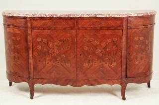 Appraisal: FRENCH LOUIS XV STYLE TULIPWOOD AND MAHAOGANY MARBLE TOP BUFFET