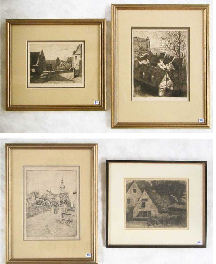 Appraisal: FOUR ETCHINGS German street scenes and village scenes illegibly signed