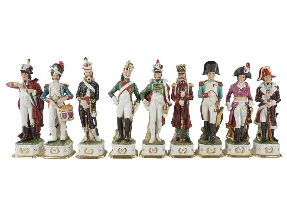 Appraisal: NINE PORCELAIN NAPOLEONIC FIGUREStwo with black printed mark Royal Crown