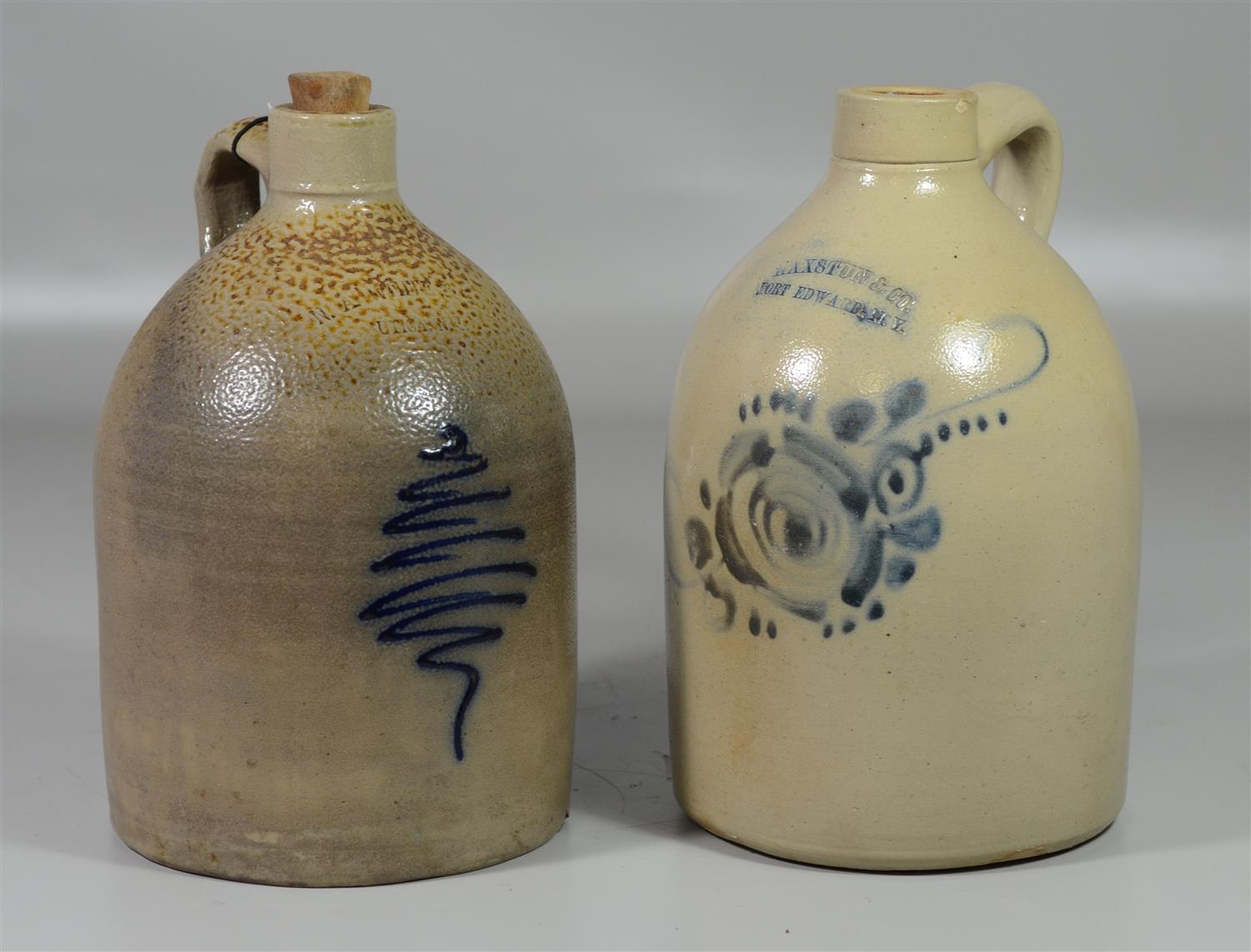 Appraisal: gallon blue decorated stoneware jugs Haxstun Co Fort Edward NY