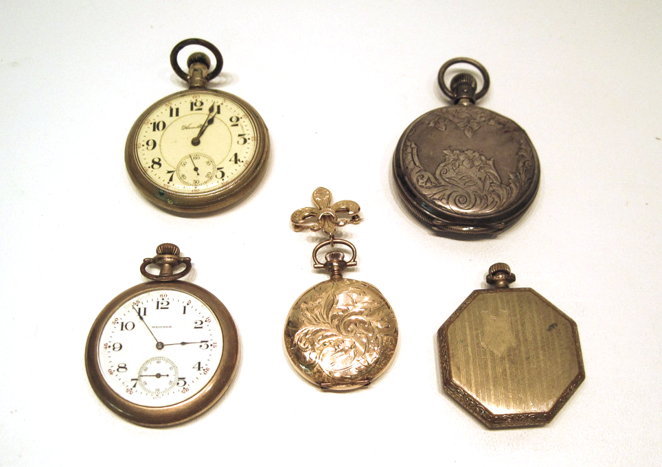 Appraisal: FIVE POCKET WATCHES Elgin hunter case model grade size jewels