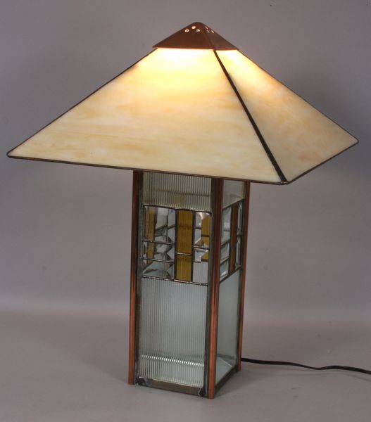 Appraisal: Leaded glass lamp base and shade h x square good