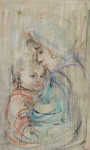 Appraisal: Framed mixed media painting on textile mounted to Masonite Mother