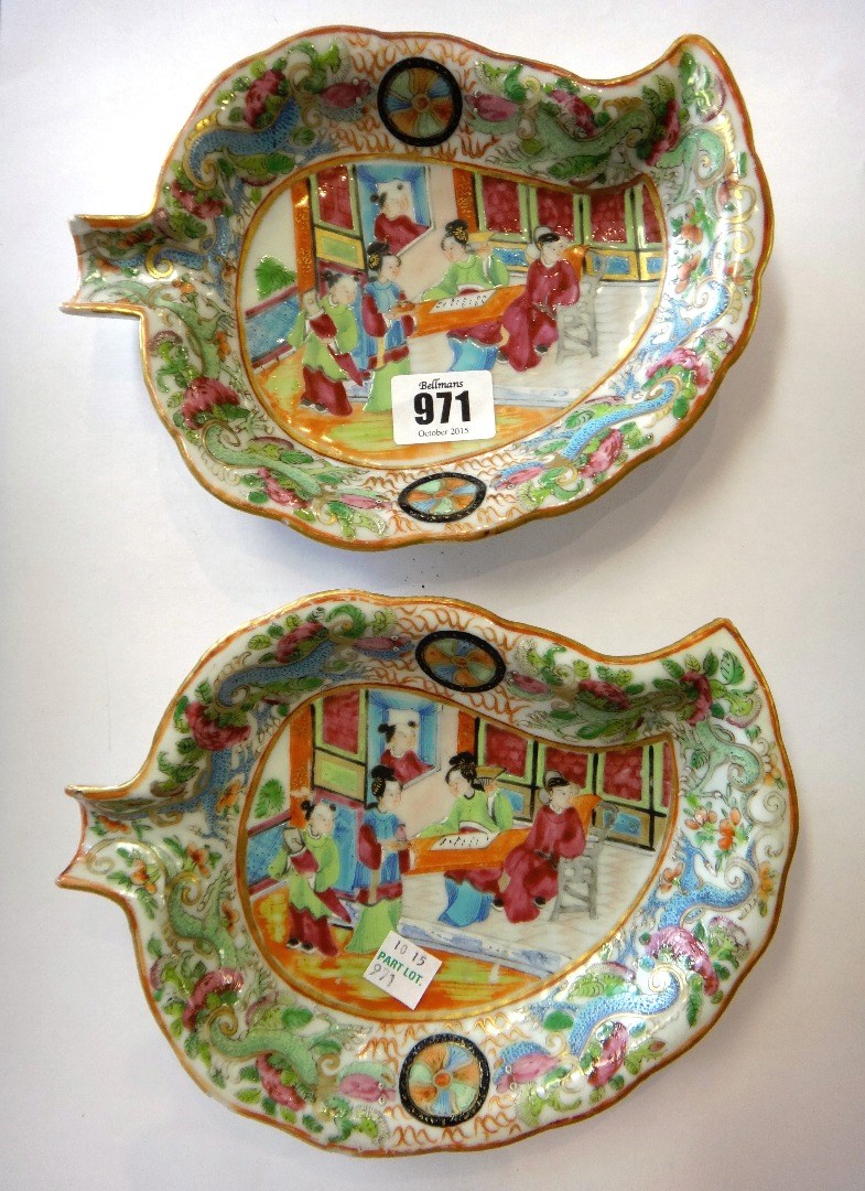 Appraisal: A pair of Canton famille-rose leaf shaped dishes th century