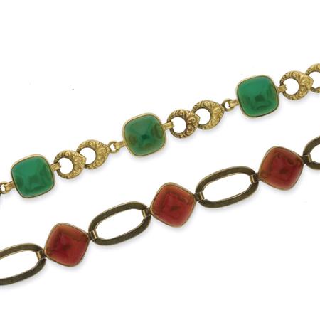 Appraisal: Two Gold Sugar Loaf Cabochon Carnelian and Green Onyx Bracelets