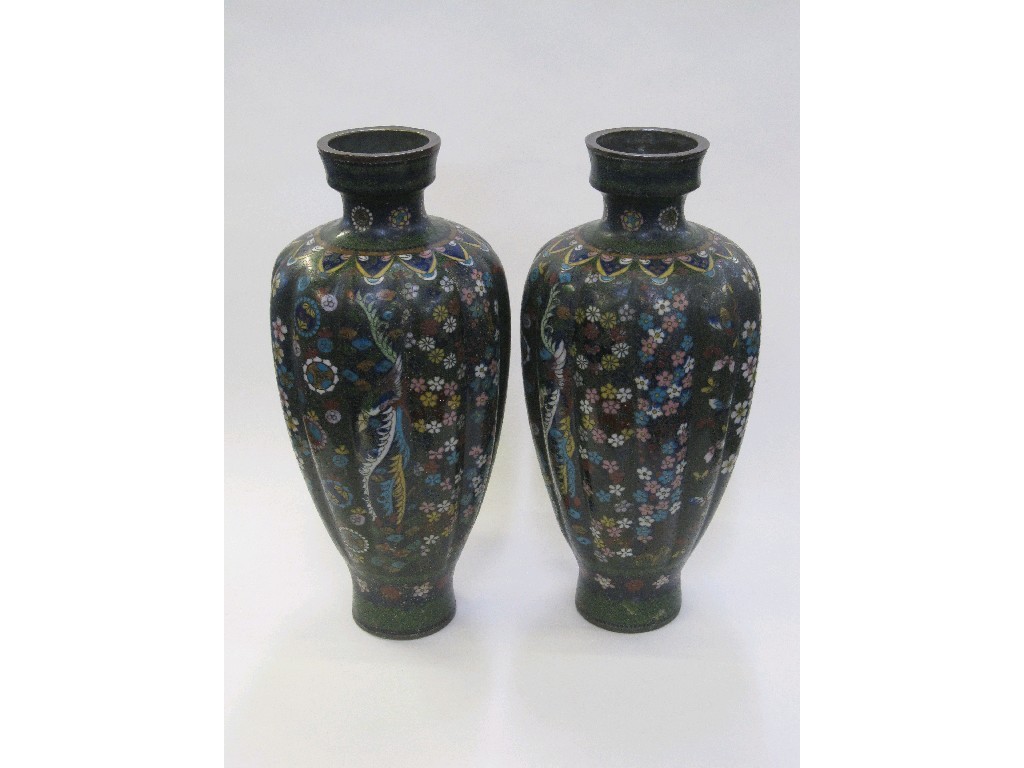 Appraisal: Pair of lobed cloisonne vases with profuse decoration of birds