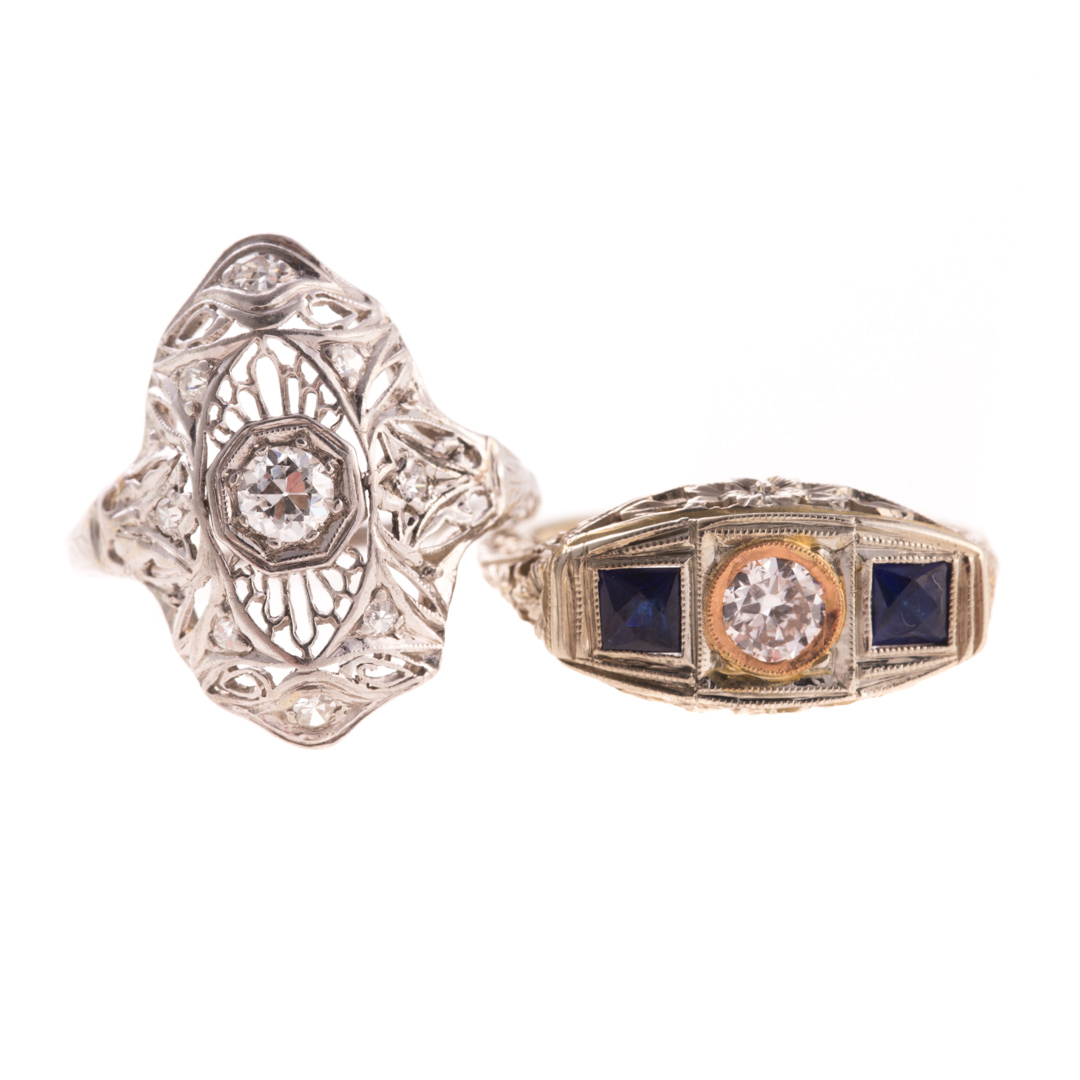 Appraisal: A Pair of Diamond Filigree Rings Platinum filigree ring featuring