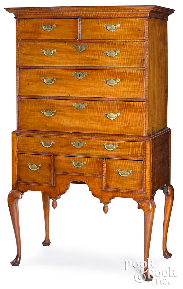 Appraisal: New England tiger maple high chest ca New England tiger