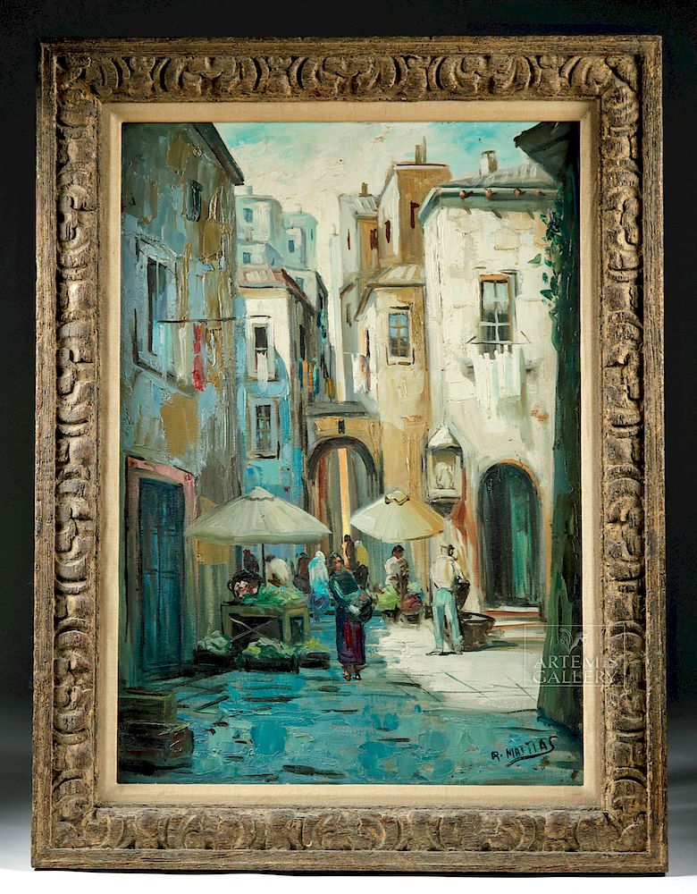 Appraisal: Framed Painting of European Marketplace ca s R Mattias or