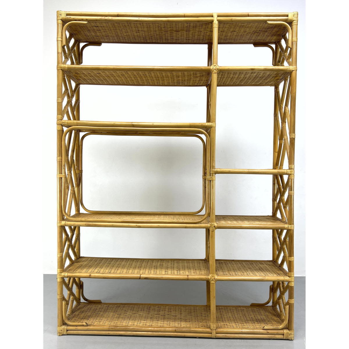 Appraisal: Large Bamboo Wicker Etagere Shelf Unit Display Dimensions H inches