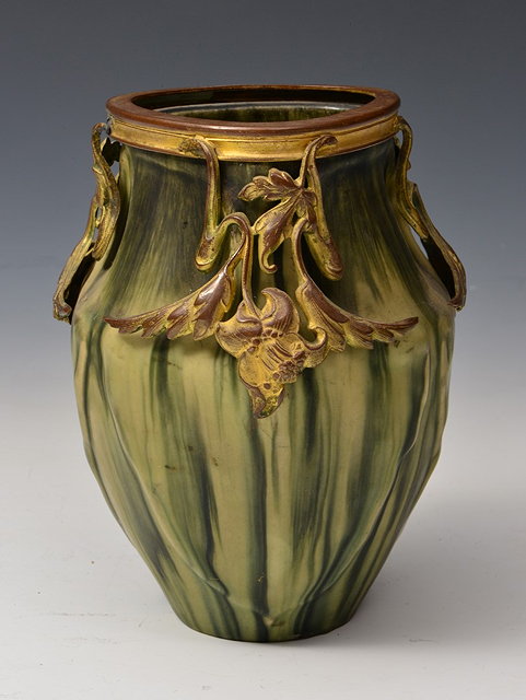 Appraisal: Eugene Baudin French - Art Nouveau vasedripped green glaze and