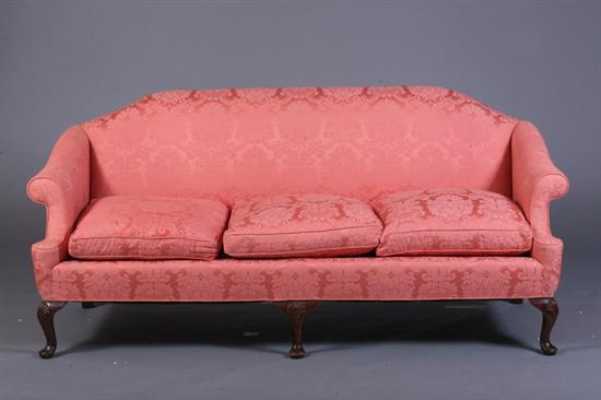 Appraisal: QUEEN ANNE STYLE THREE-SEAT SOFA Early th century Scalamandre coral