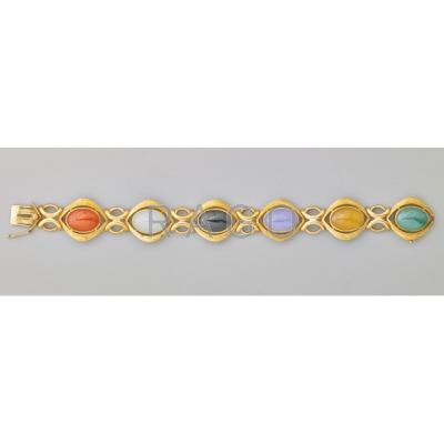 Appraisal: MULTICOLOR JADE K GOLD BRACELET Textured and bright links ca