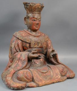 Appraisal: Large Chinese carved and red painted gesso seated Buddha with