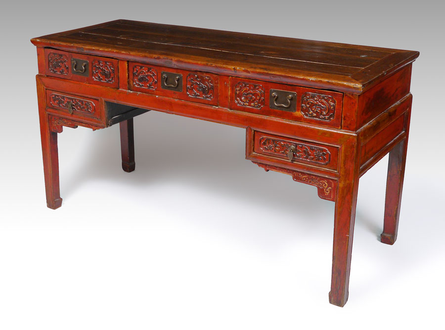 Appraisal: CHINESE RED LACQUER WRITING DESK Paneled wood top Sides and