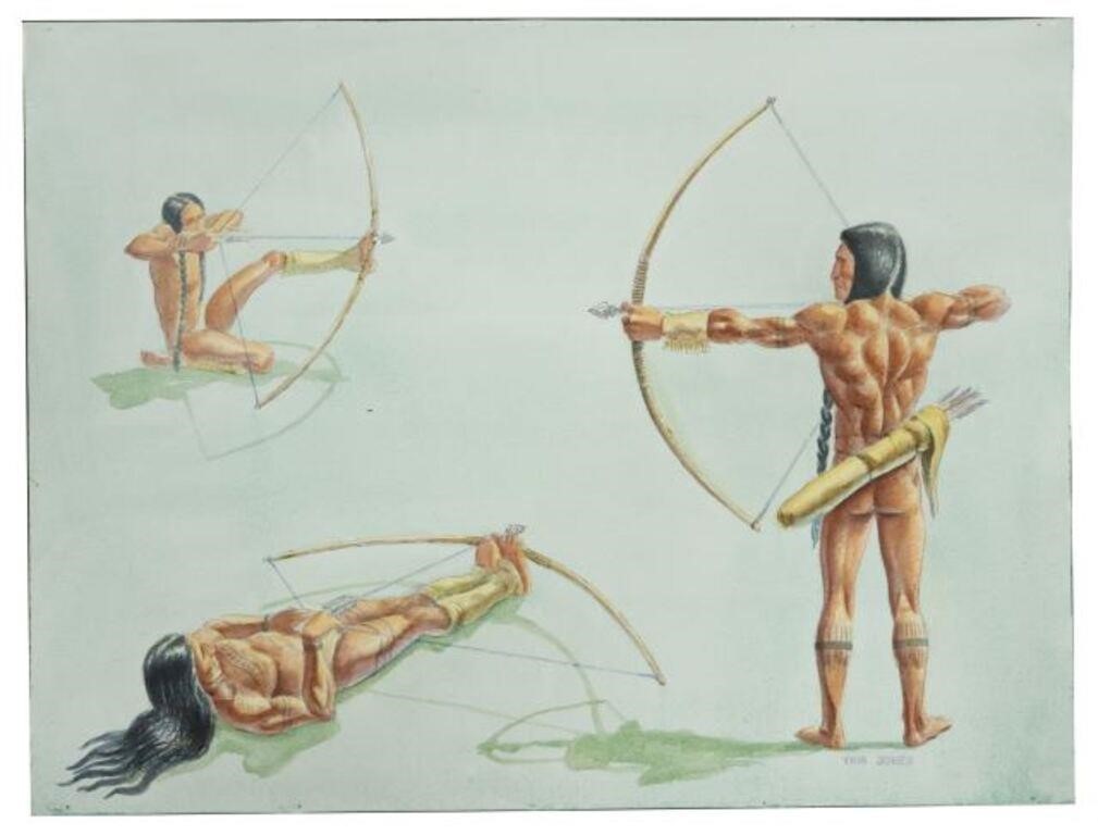 Appraisal: Unframed watercolor painting on paper Karankawa Archers signed lower right