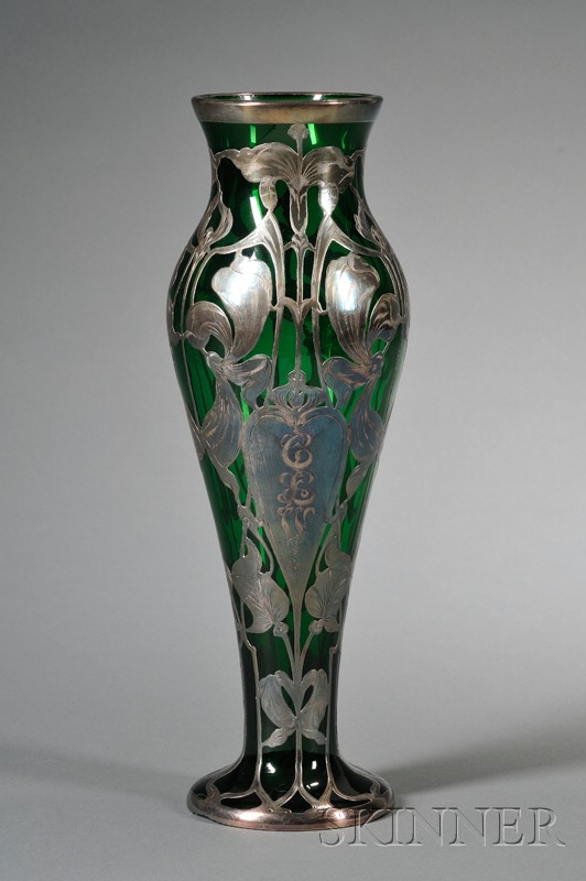 Appraisal: Silver Overlay Green Glass Vase early th century slender balustroid