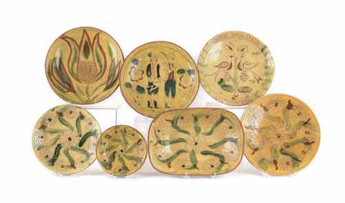 Appraisal: Seven pieces sgraffito decorated redware by Breininger