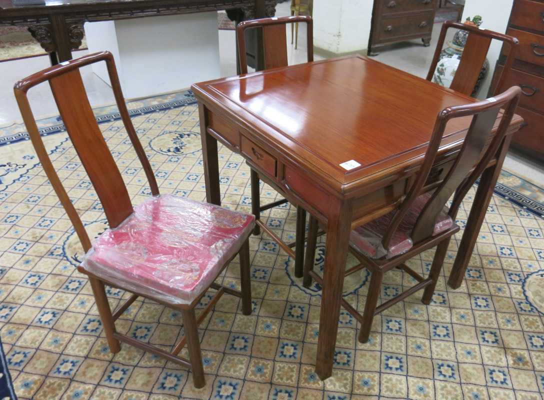 Appraisal: ROSEWOOD GAME TABLE AND CHAIR SET Chinese late th century