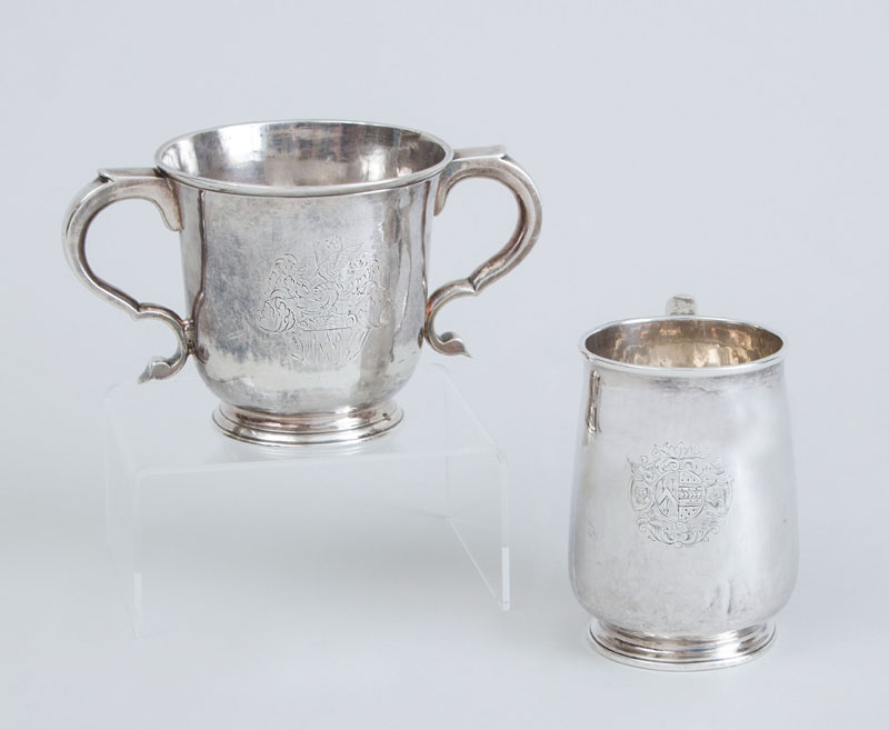 Appraisal: GEORGE III ARMORIAL SILVER MUG AND GEORGE I ARMORIAL SILVER