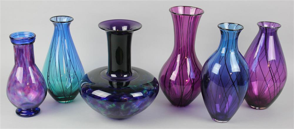 Appraisal: GROUP OF SIX CONTEMPORARY STUDIO GLASS VASES each in shades