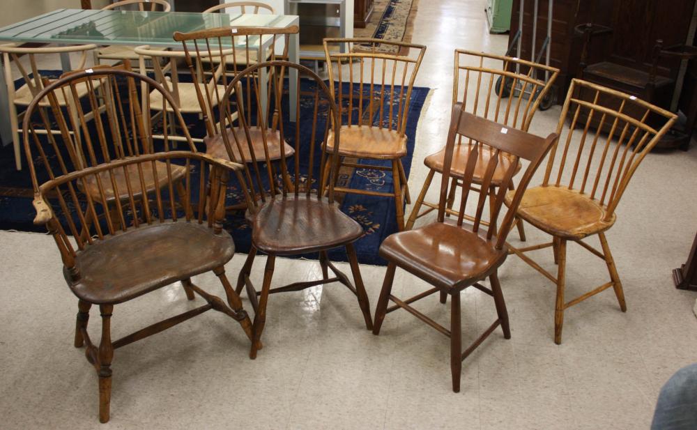 Appraisal: NINE ANTIQUE COUNTRY WINDSOR CHAIRS American th century in six