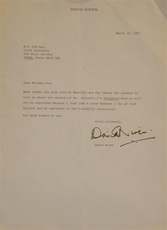 Appraisal: David Niven signed letter March to M J Fox Esq