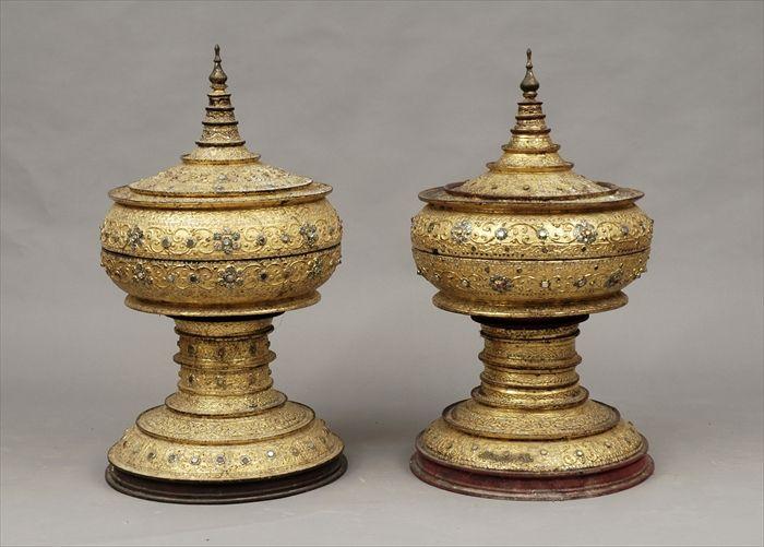 Appraisal: Two Burmese Glass-Inlaid Gilt and Red Lacquer Ceremonial Offering Vessels