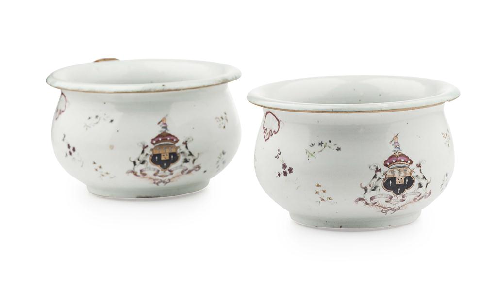 Appraisal: PAIR OF CHINESE EXPORT ARMORIAL PORCELAIN CHAMBER POTS QIANLONG TH