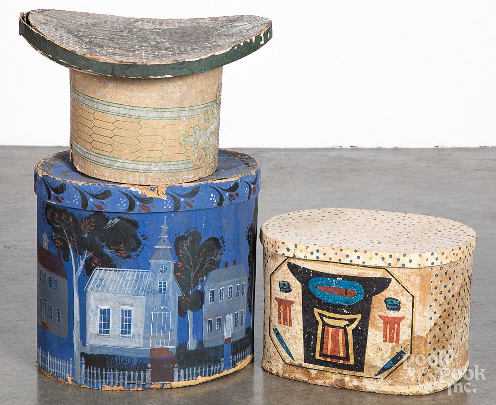 Appraisal: Three wallpaper hat boxes th c Three wallpaper hat boxes