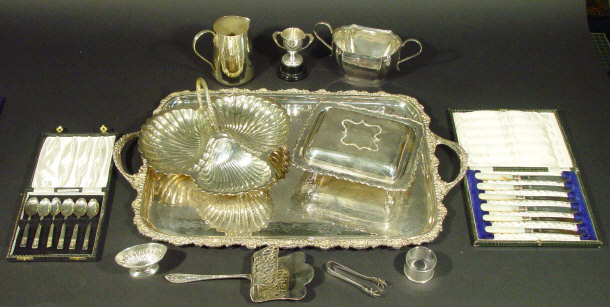 Appraisal: Collection of silver plated items including a two handled tray