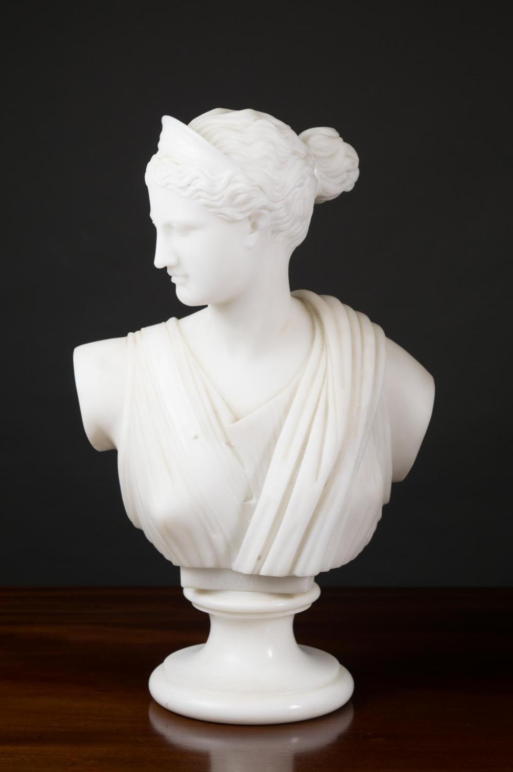 Appraisal: CARVED MARBLE BUST OF DIANA Diana the Roman mythological goddess