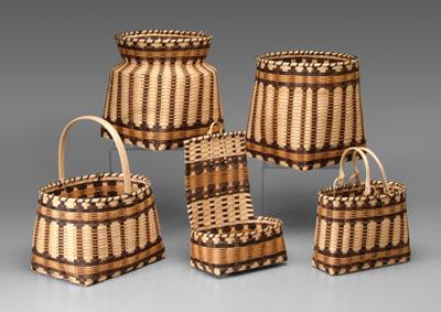 Appraisal: Five Cherokee oak split baskets all with matching walnut and