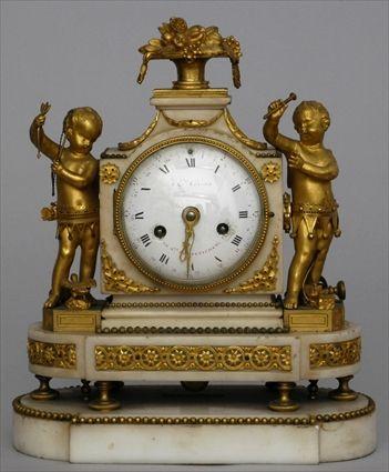 Appraisal: LOUIS XVI-STYLE GILT-METAL-MOUNTED WHITE MARBLE MANTLE CLOCK The enamel face