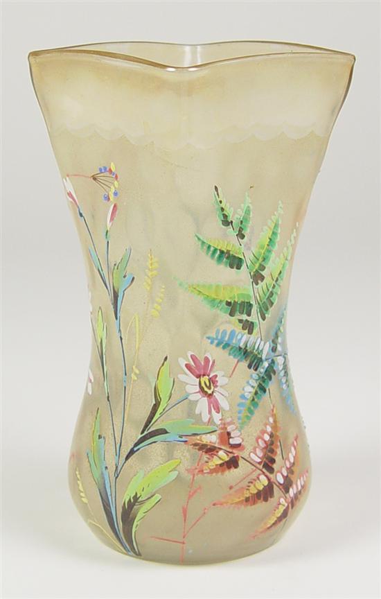 Appraisal: Cameo Vase Frosted amber glass with colorful enameled ferns and