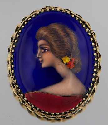 Appraisal: A Ladies' French Enamel Portrait Brooch k yellow gold twist