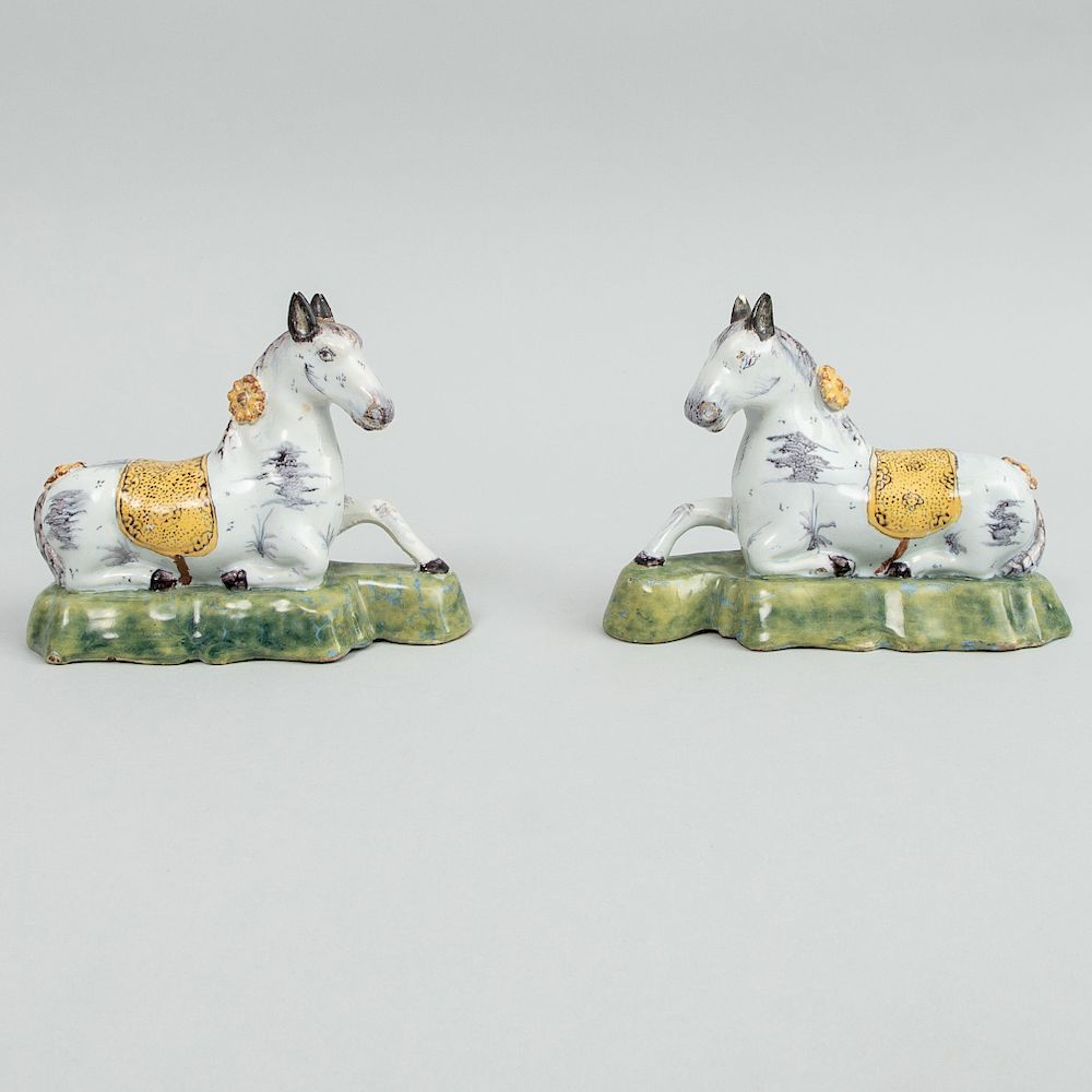 Appraisal: Pair of Dutch Delft Models of Recumbent Horses One initialed